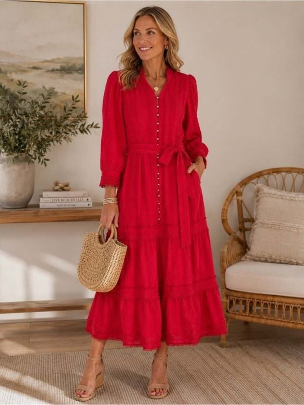 NWT JJ’s Fairyland Hot Pink Tiered Long Sleeve Midi Dress w Waist Tie Sz M